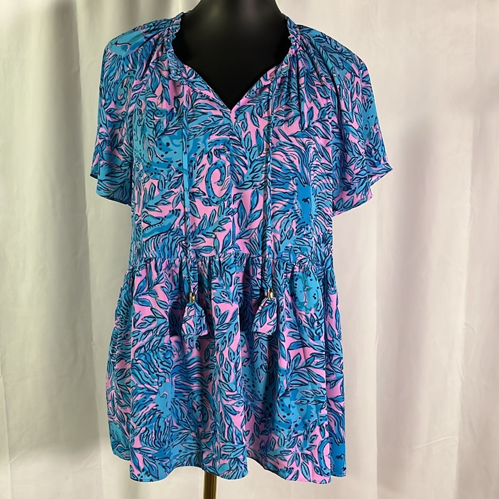 Lilly Pulitzer Bermuda Blue You Grow Girl Print Peplum Hem Zadie Blouse